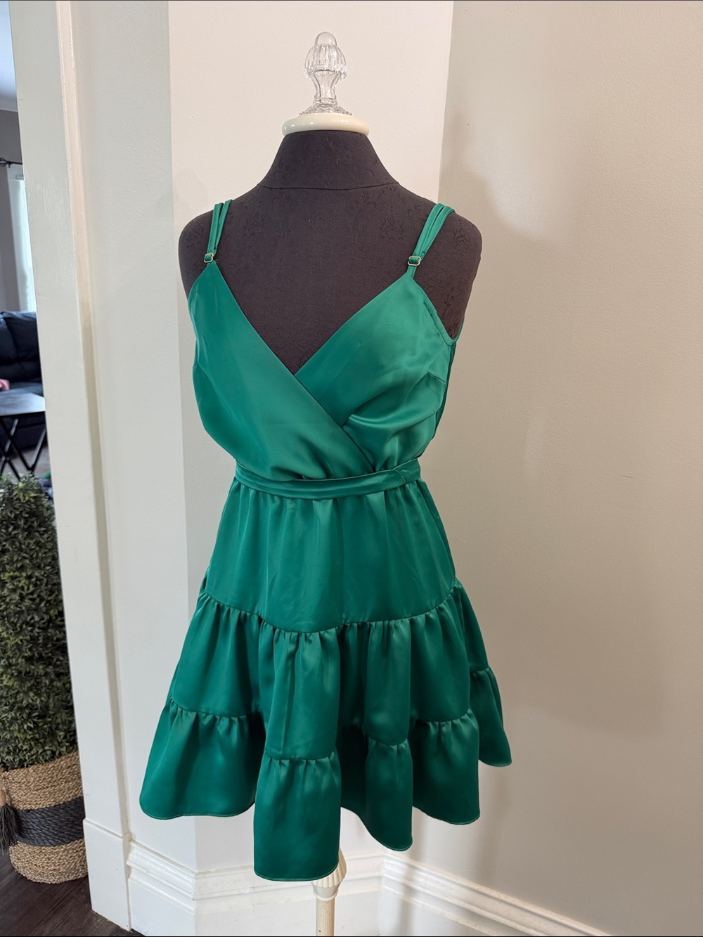 Elegant Green Satin Silky Tiered Mini Dress Adjustable Size Medium